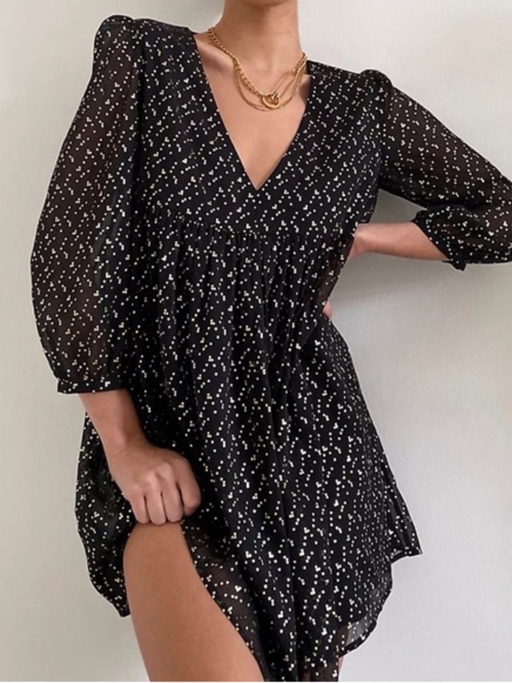 Aritzia Sunday Best Sz S Jinx Black Baby Doll Gold Long Sleeves Mini Dress
